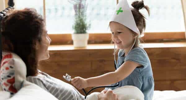 Little girl playing doctor » HCi Cute little girl with a stethoscope playing at doctor with her mum - representing family health insurance to cover your dependants. HCi makes it easy! » HCi