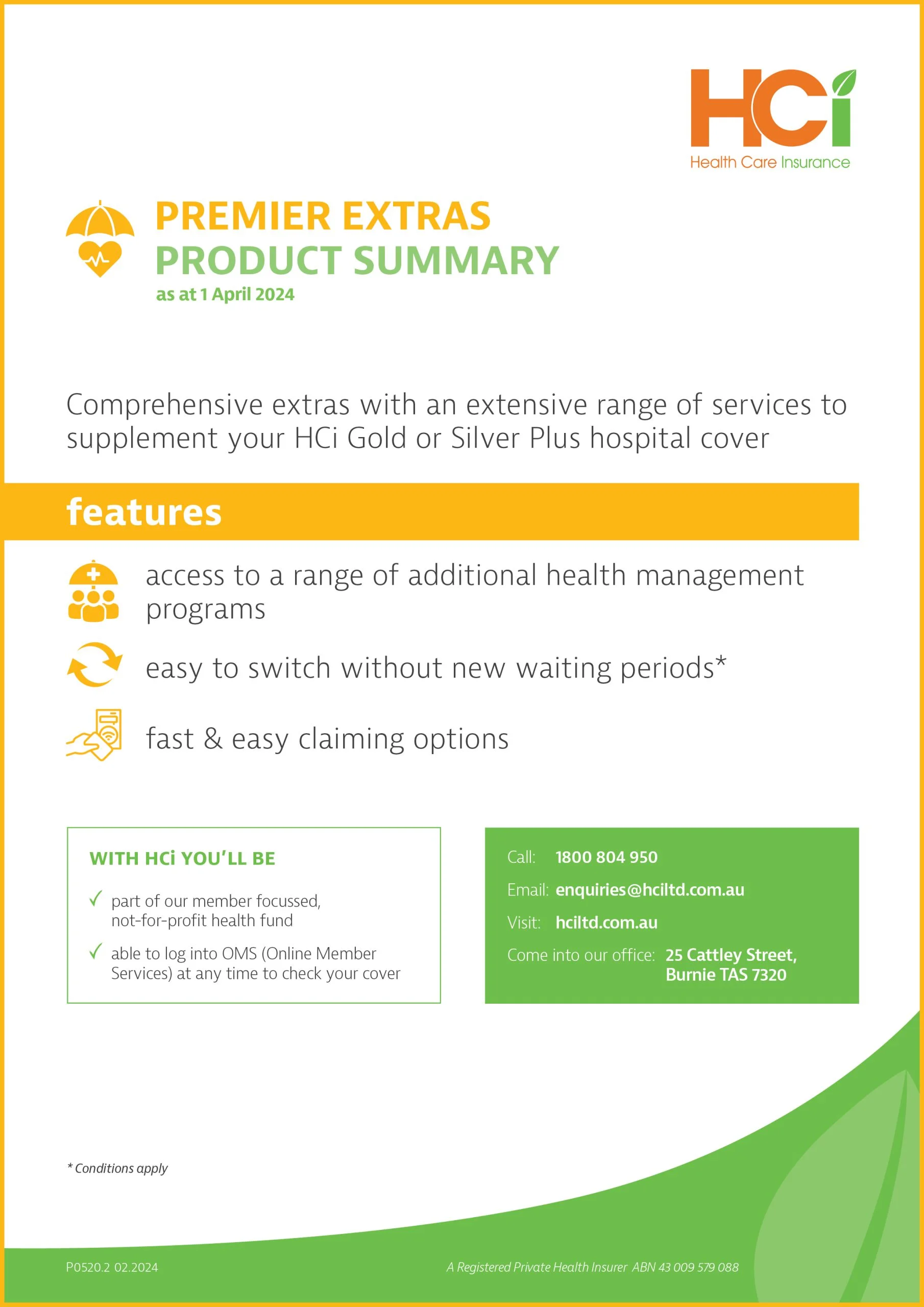 HCi_ExtrasSummary_PREMIER_April2024_COVER » HCi HCi Premier Extras Cover Summary screenshot, making health insurance easy - information on HCi closed products » HCi