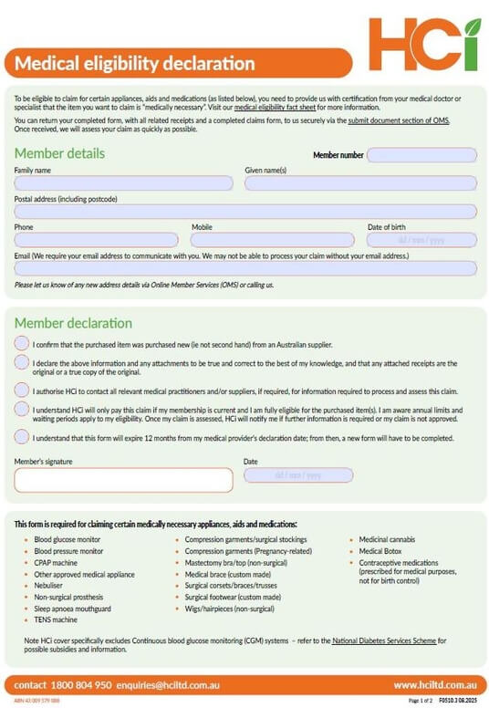 HCi medical eligibility form is required for certain aids and appliance claims under HCi extras cover