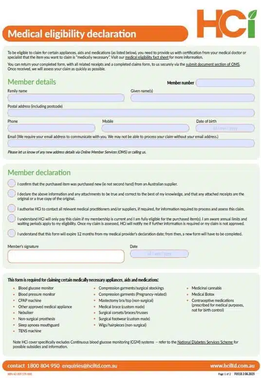 medical-eligibility-form-imageJPG » HCi HCi medical eligibility declaration form is required to help assess certain aids, medication and appliance claims under HCi extras cover » HCi