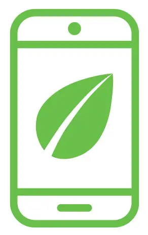 HCiApp_Green » HCi Stylised icon image of a mobile phone showing the HCi leaf symbol, inviting you to say hi to HCi » HCi