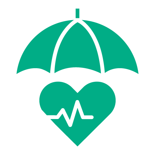 turquoise green icon of an umbrella covering a heart to represent HCi top extras cover