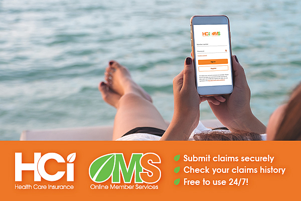HCi OMS water banner » HCi Woman relaxing by the sea, looking at HCi OMS for claims on her phone » HCi