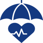 A blue icon of an umbrella providing cover to a heart with heart rate graph - representation of HCi basic extras cover » HCi