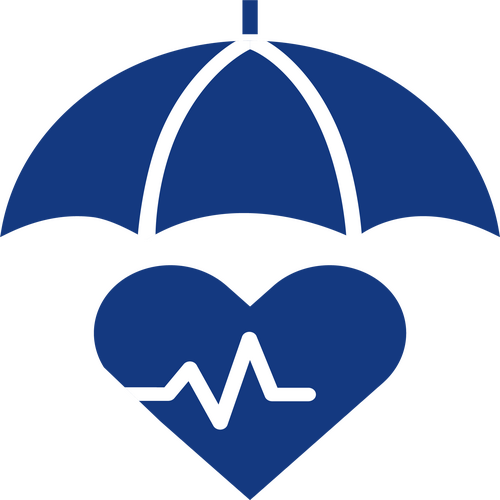 A blue icon of an umbrella providing cover to a heart with heart rate graph - representation of HCi basic extras cover