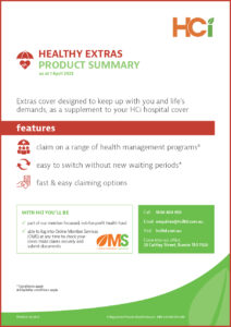 Image of the HCi Healthy Extras Summary document which explains the benefits of healthy extras